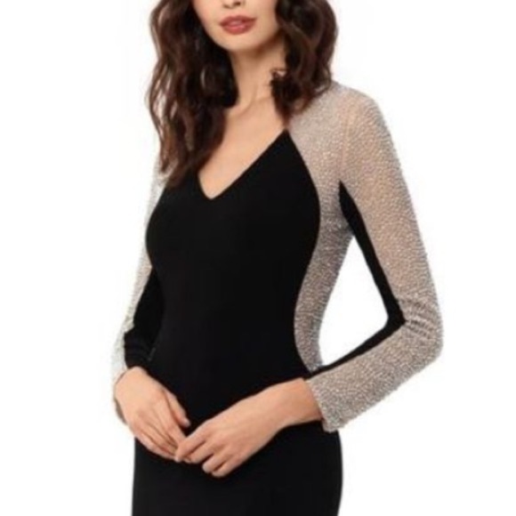 Xscape Womens Black Embellished Mesh Formal Evening Dress Gown Petites NWOT - Picture 3 of 3